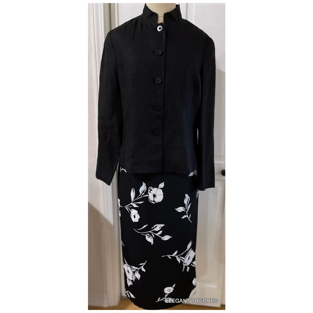 Talbots Petite Womens Size 6P Irish Linen Black Jacket Top Floral Skirt 2pc Set